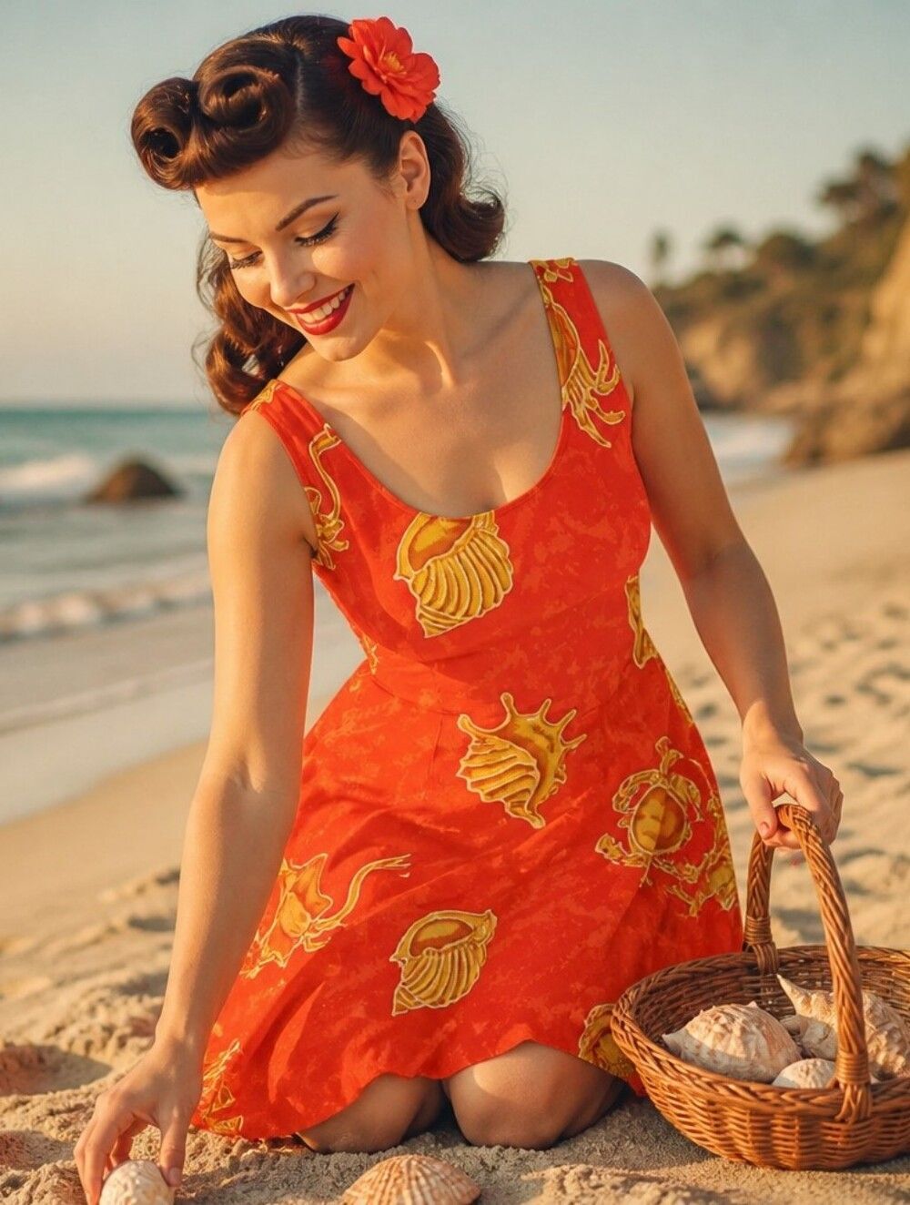 Sleeveless Orange Shell-Print Shift Dress